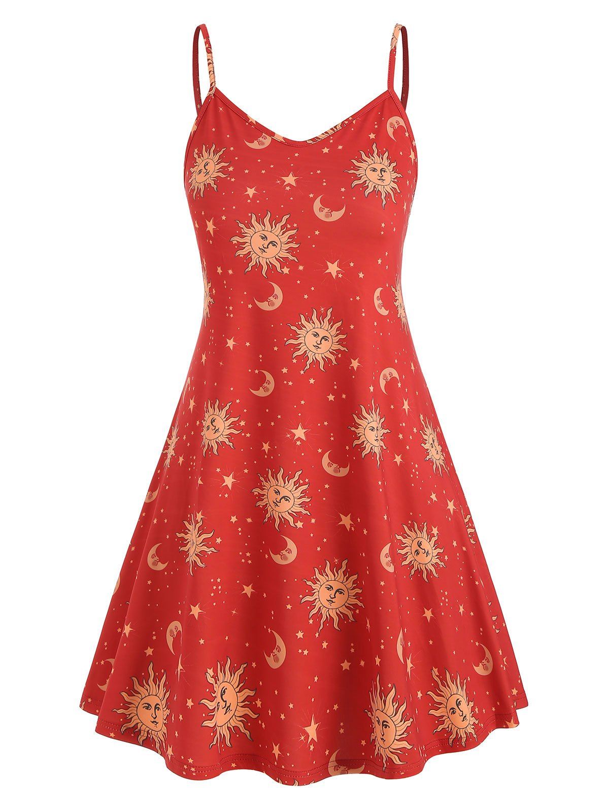 

Sun Stars Moon Print Plus Size Trapeze Dress, Red