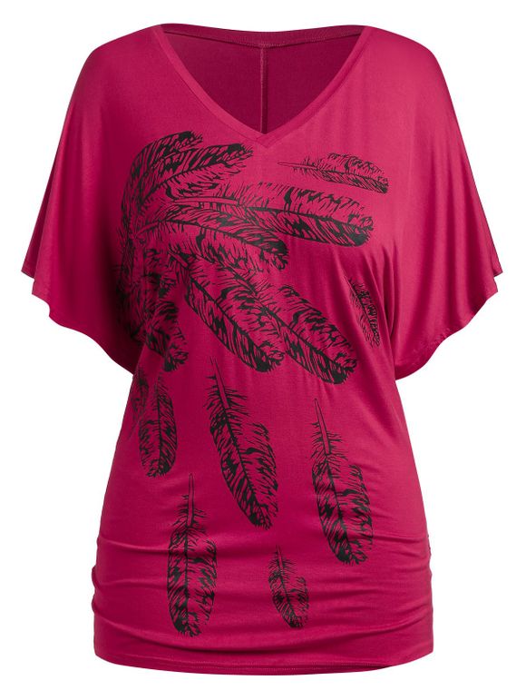 T-shirt Tunique Imprimée de Grande Taille à Col V - Rouge Rose 3X