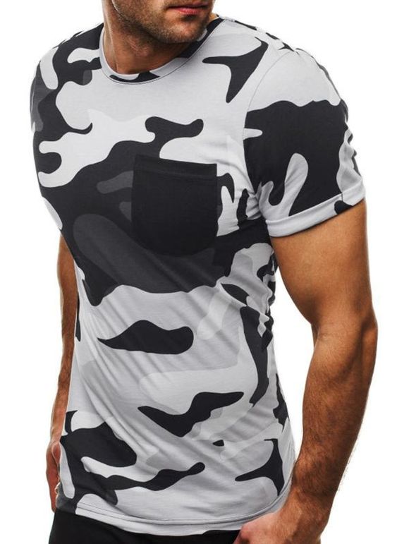 T-shirt Décontracté Camouflage Imprimé Décoré de Poche - Blanc M