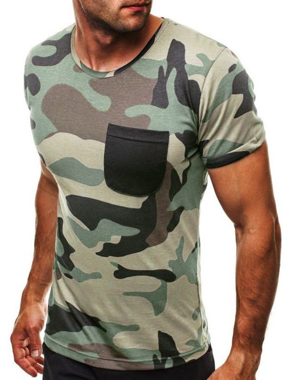 T-shirt Décontracté Camouflage Imprimé Décoré de Poche - Kaki 2XL
