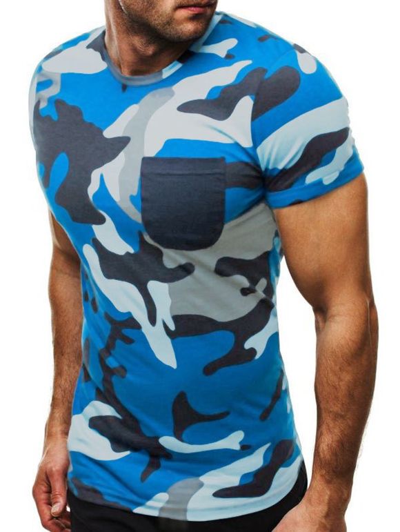 T-shirt Décontracté Camouflage Imprimé Décoré de Poche - Bleu XL