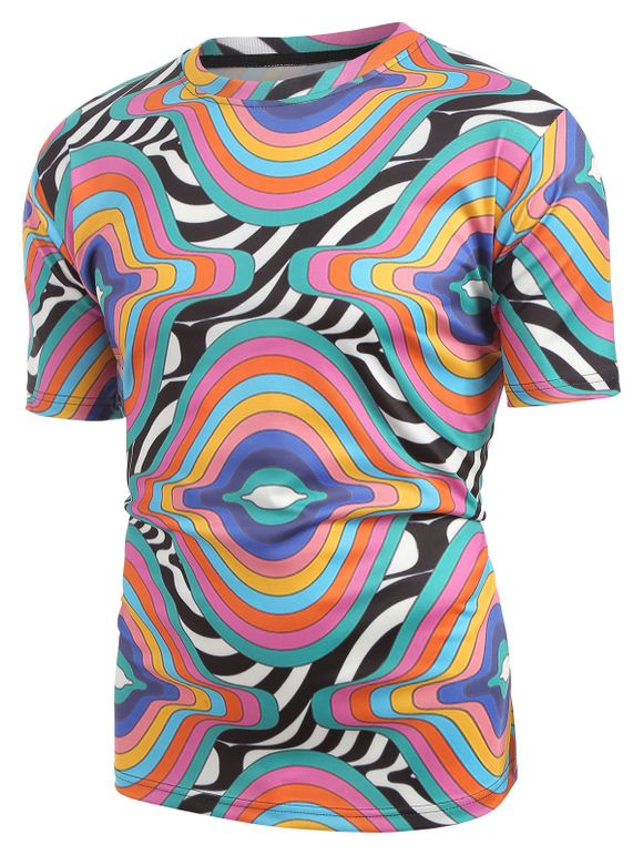 T-shirt Spiral Coloré Imprimé à Manches Courtes - multicolor A 2XL