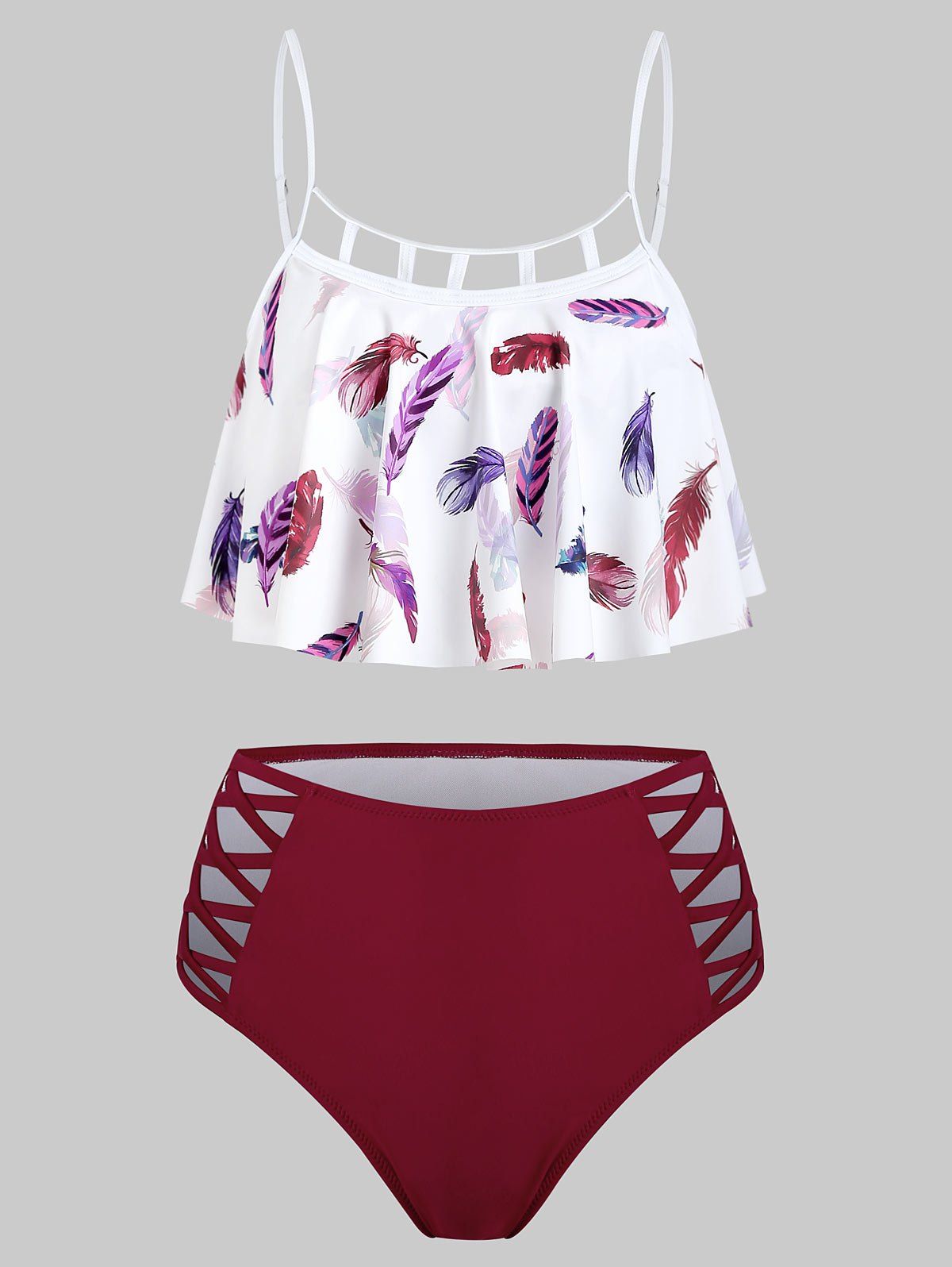 Tummy Control Tankini Swimsuit Cut Out Feather Print Flounce Lattice Beach Swimwear - multicolor L