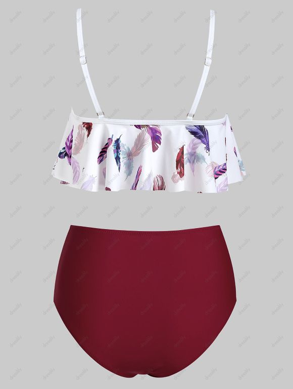 Maillot de Bain Tankini Gainant Découpé à Imprimé Plume en Treillis à Volants de Plage - multicolor L