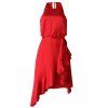 Robe Asymétrique Mi-Longue Ceinturée en Satin à Volants - Rouge XL