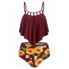 Ensemble de Tankini Découpé Superposé Contrôle du Ventre Tournesol de Vacance de Plage - Rouge Vineux 3XL