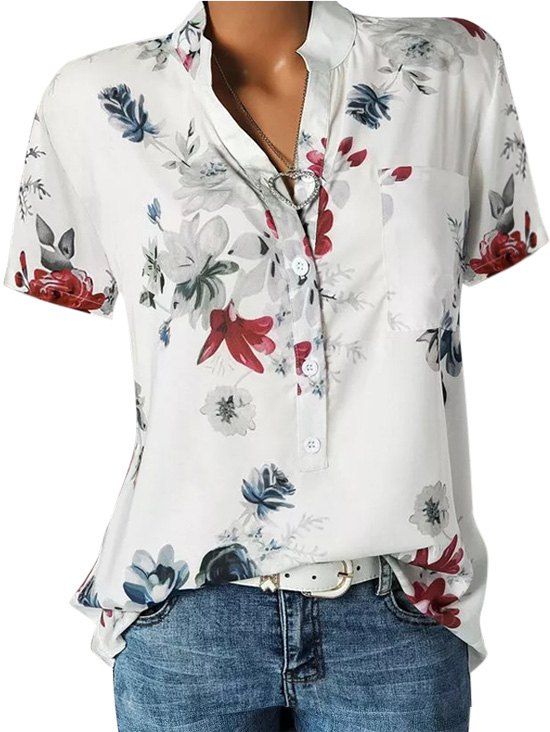 Front Pocket Floral Tunic Top - WHITE 2XL