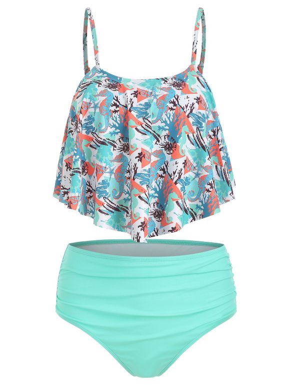 Maillot de Bain Tankini Superposé Plissé Cheval de Mer Imprimé - Turquoise 2XL