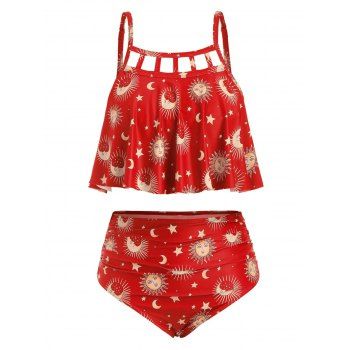 

Plus Size Sun Moons Print Ruffle Tankini Set, Red