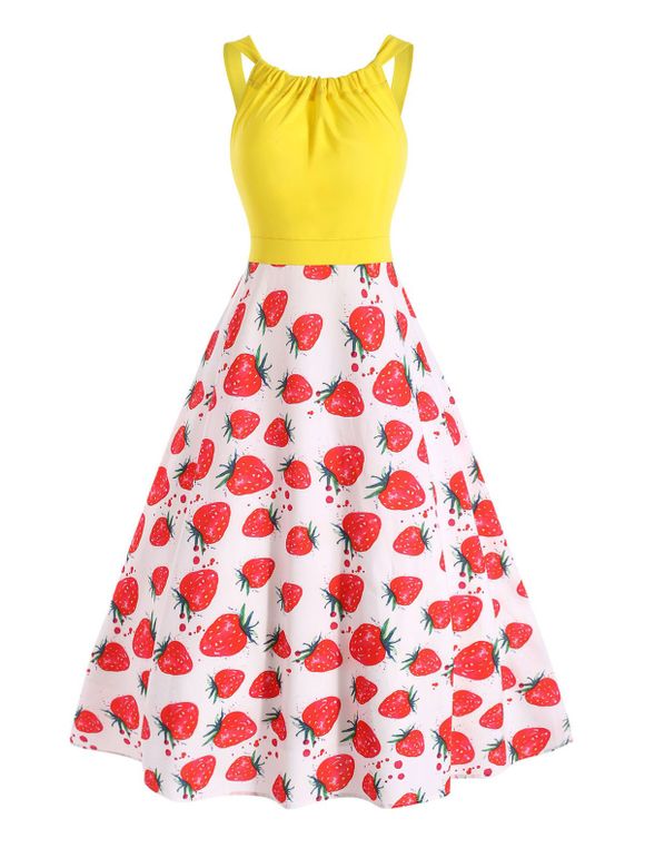 Robe Mi-Longue Contrastée à Imprimé Fraise Sans Manches de Grande Taille - multicolor 4X