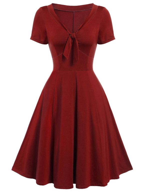 Robe Vintage Noué avec Nœud Papillon - Rouge Vineux XL