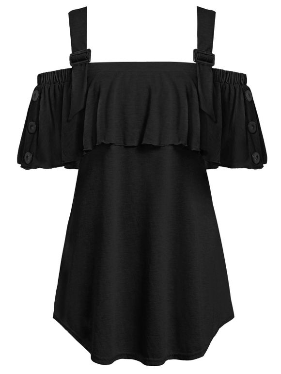 T-shirt à Epaule Dénudée avec Bouton de Grande Taille - Noir 3X