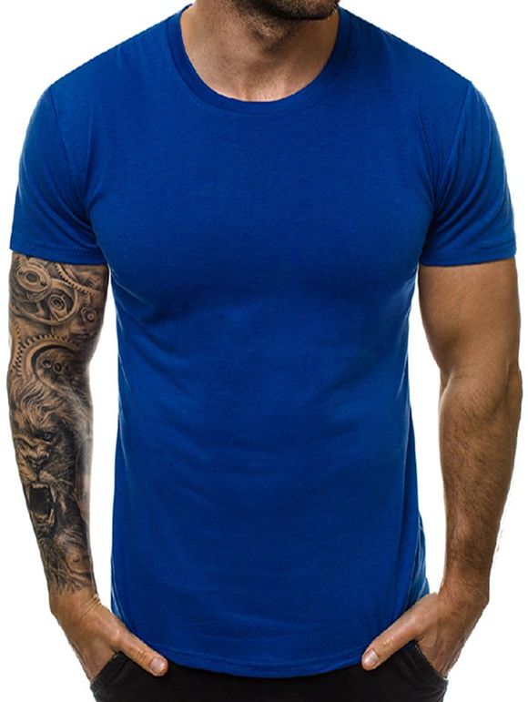 T-shirt en Couleur Unie Manches Courtes à Col Rond - Bleu 2XL