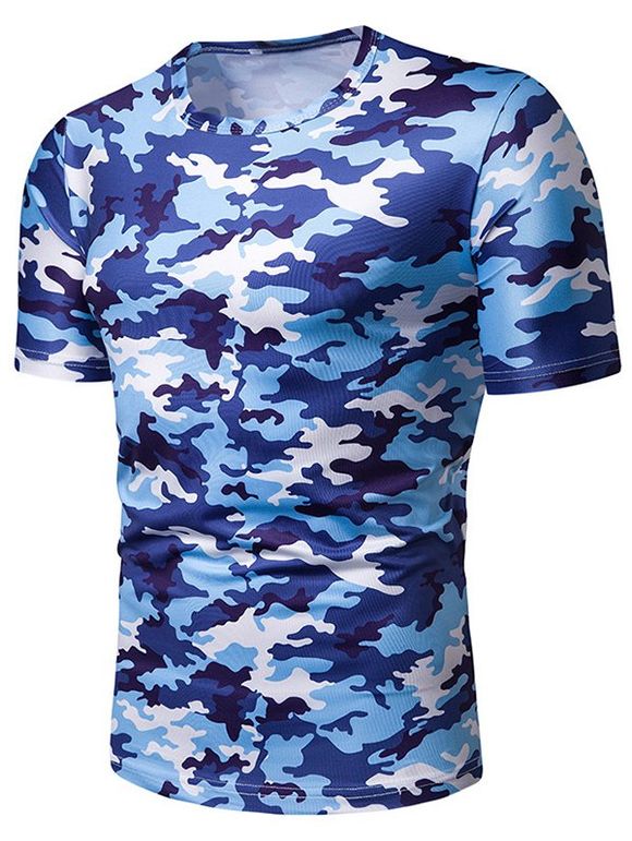 T-shirt Décontracté Camouflage Imprimé à Manches Courtes - Bleu L