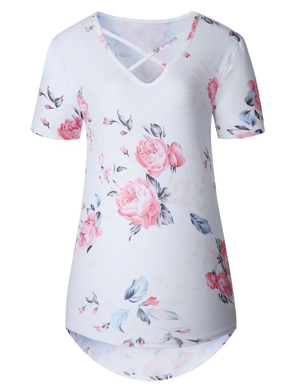 T-shirt Tunique Haut Bas Croisé Fleur Imprimée - Blanc 3XL
