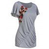 T-shirt Plissé Fleur Brodée à Manches de Papillon - Gris Clair 2XL