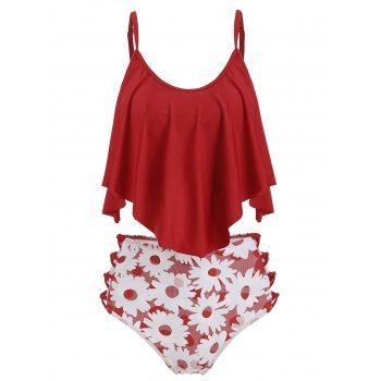 

Floral Lattice Flounce Tankini Swimsuit, Red