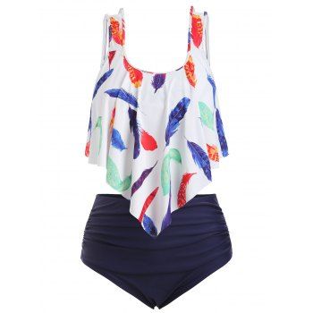 

Plus Size Feather Print Overlay Tankini Swimsuit, Multicolor a