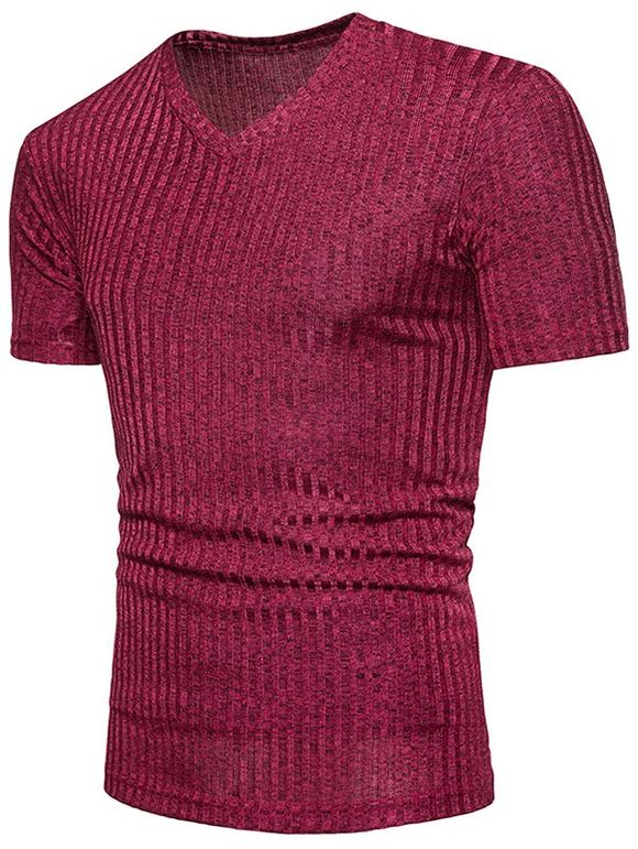 T-shirt Décontracté en Couleur Unie Design à Col V - Rouge Rose 3XL