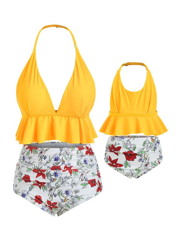 Halter Floral Plus Size Flounce Family Bikini Swimsuit - BRIGHT YELLOW KID 3T