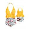 Maillot de Bain Bikini Famille Fleuri de Grande Taille à Col Halter à Volants - Jaune Clair KID 6T