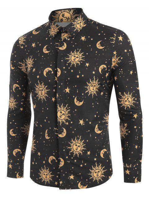 [23% OFF] 2019 Sun And Moon Print Long Sleeve Button Up Shirt In BLACK ...