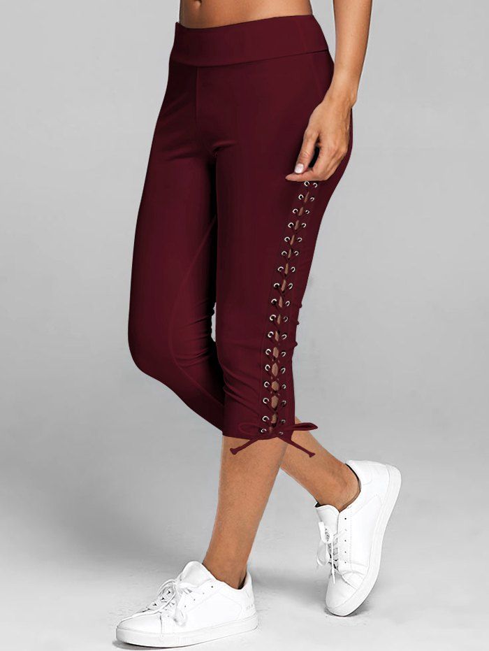 

Lace Up Skinny Crop Leggings, Red wine