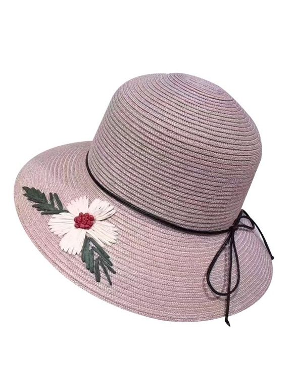 Chapeau de Soleil Tressé Fleur Brodée en Paille - Rose 