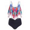 Maillot de Bain Tankini Superposé Plissé avec Imprimée Plume - Bleu Marine 3XL