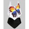 Maillot de Bain Tankini Graphique Papillon de Grande Taille à Volants - Blanc L