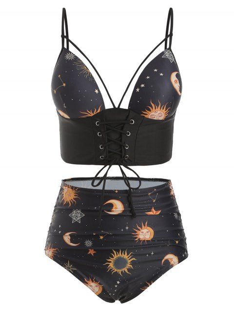 Tummy Control Tankini Swimwear Vintage Swimsuit Sun Moon Print Lace Up Cut Out Summer Beach Bathing Suit