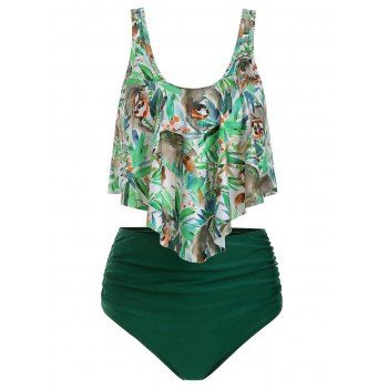 

U Neck Printed Overlay Tankini Swimsuit, Green