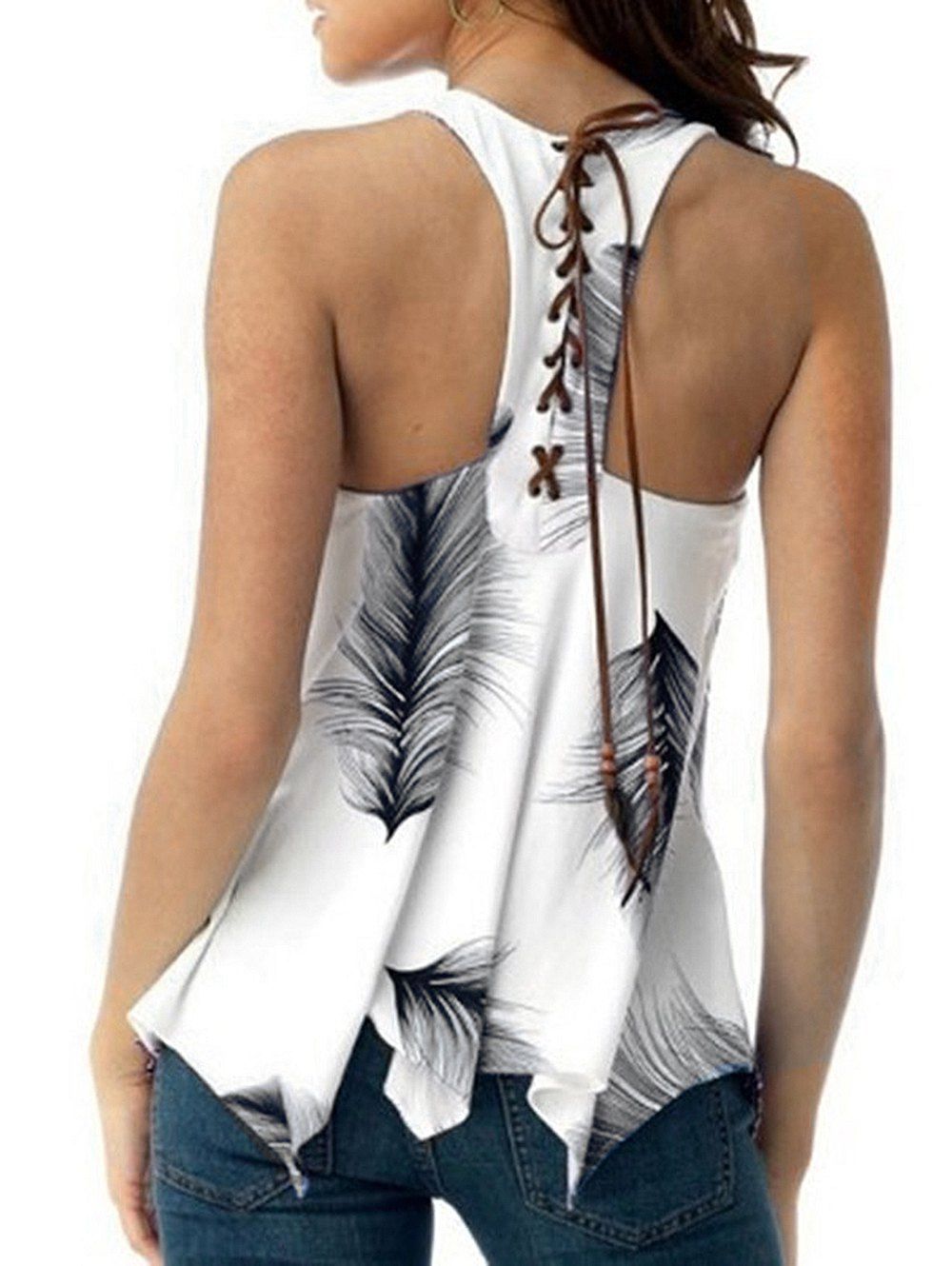 

Feather Print Lace Up Asymmetric Tank Top, Black