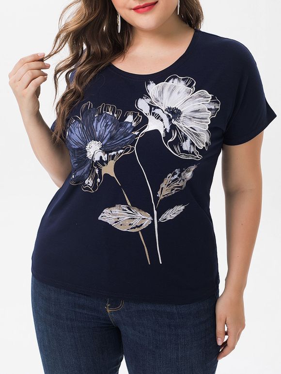 T-shirt Graphique Fleur Imprimée de Grande Taille - Bleu Lapis 4X