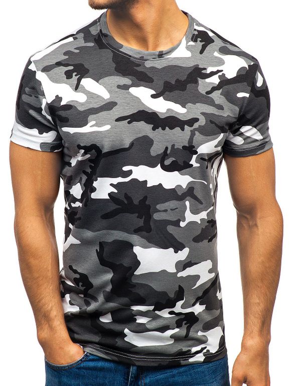 T-shirt Camouflage Imprimé à Col Rond - Gris Clair S