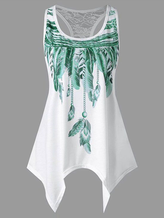 

Lace Racerback Feather Print Plus Size Tank Top, Light slate