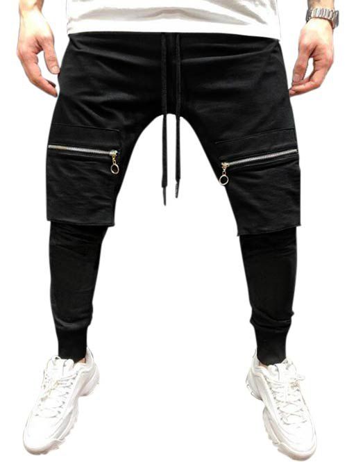 Pantalon de Jogging Zippé en Couleur Unie avec Poche - Noir M