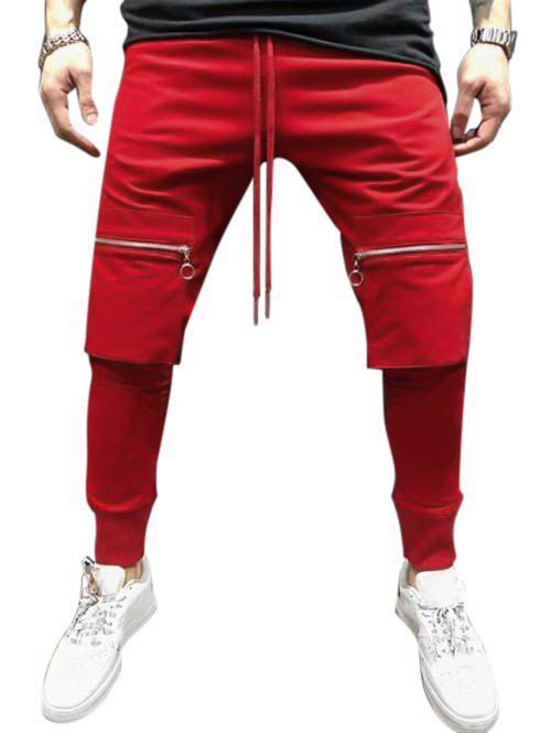 Pantalon de Jogging Zippé en Couleur Unie avec Poche - Rouge Rubis 2XL