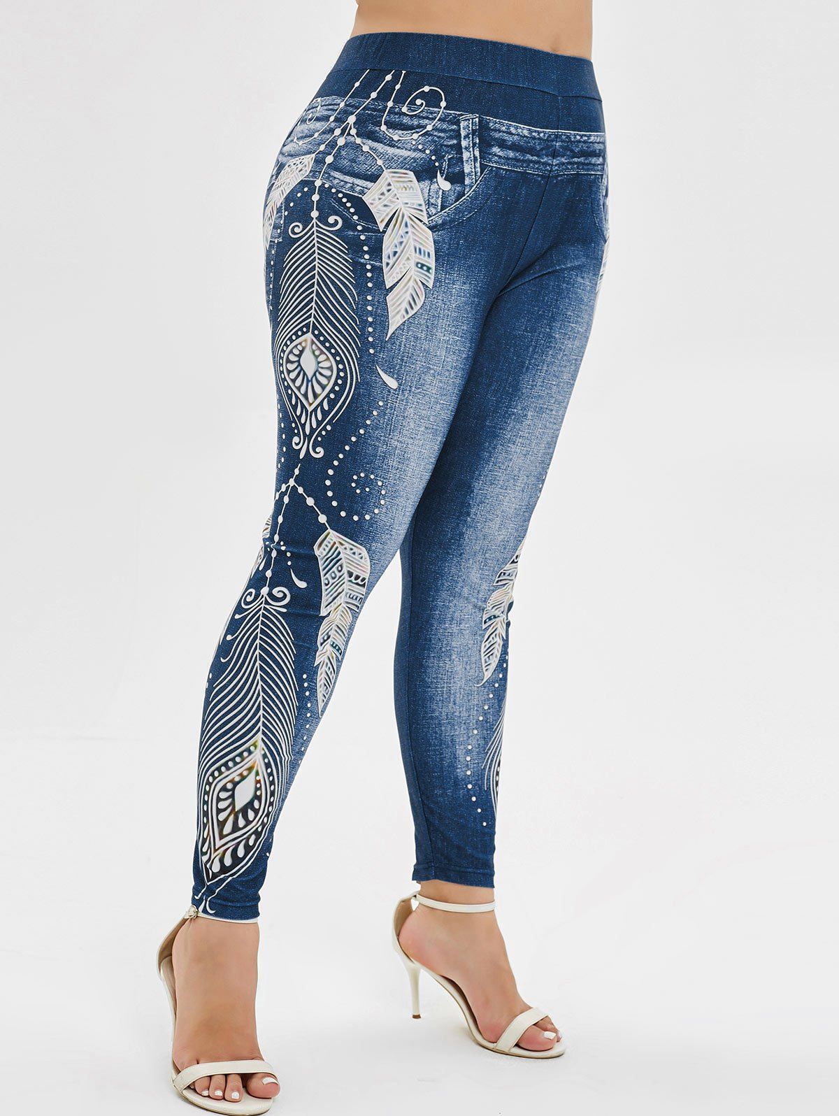 

Plus Size 3D Jeans Print Leggings, Silk blue