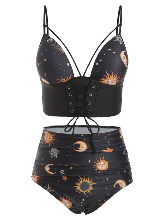 Tummy Control Tankini Swimwear Vintage Swimsuit Sun Moon Print Lace Up Cut Out Summer Beach Bathing Suit - BLACK 2XL