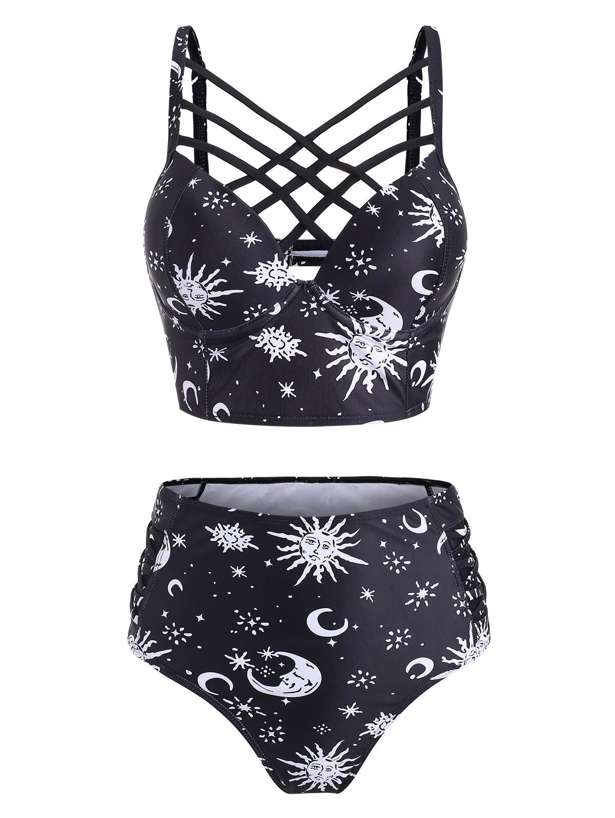 Vintage Tankini Swimsuit Corset Moon Sun Bathing Suit Star Print Lattice Summer Beach Swimwear - BLACK L