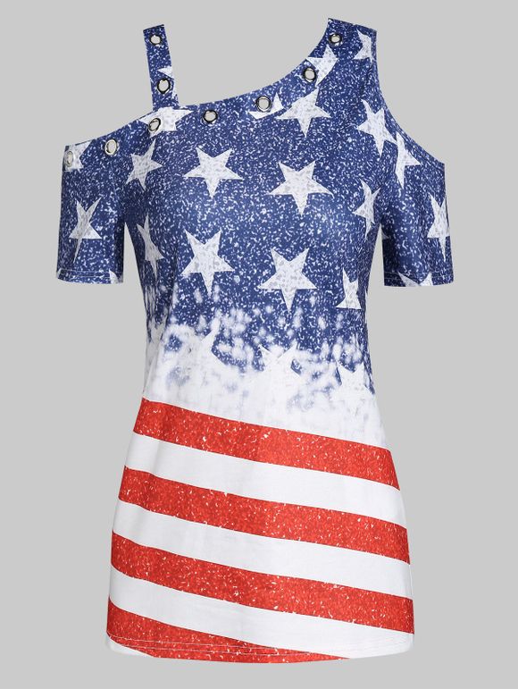 T-shirt Drapeau Américain Epaule Ouverte à Col Oblique à œillet - Blanc 2XL