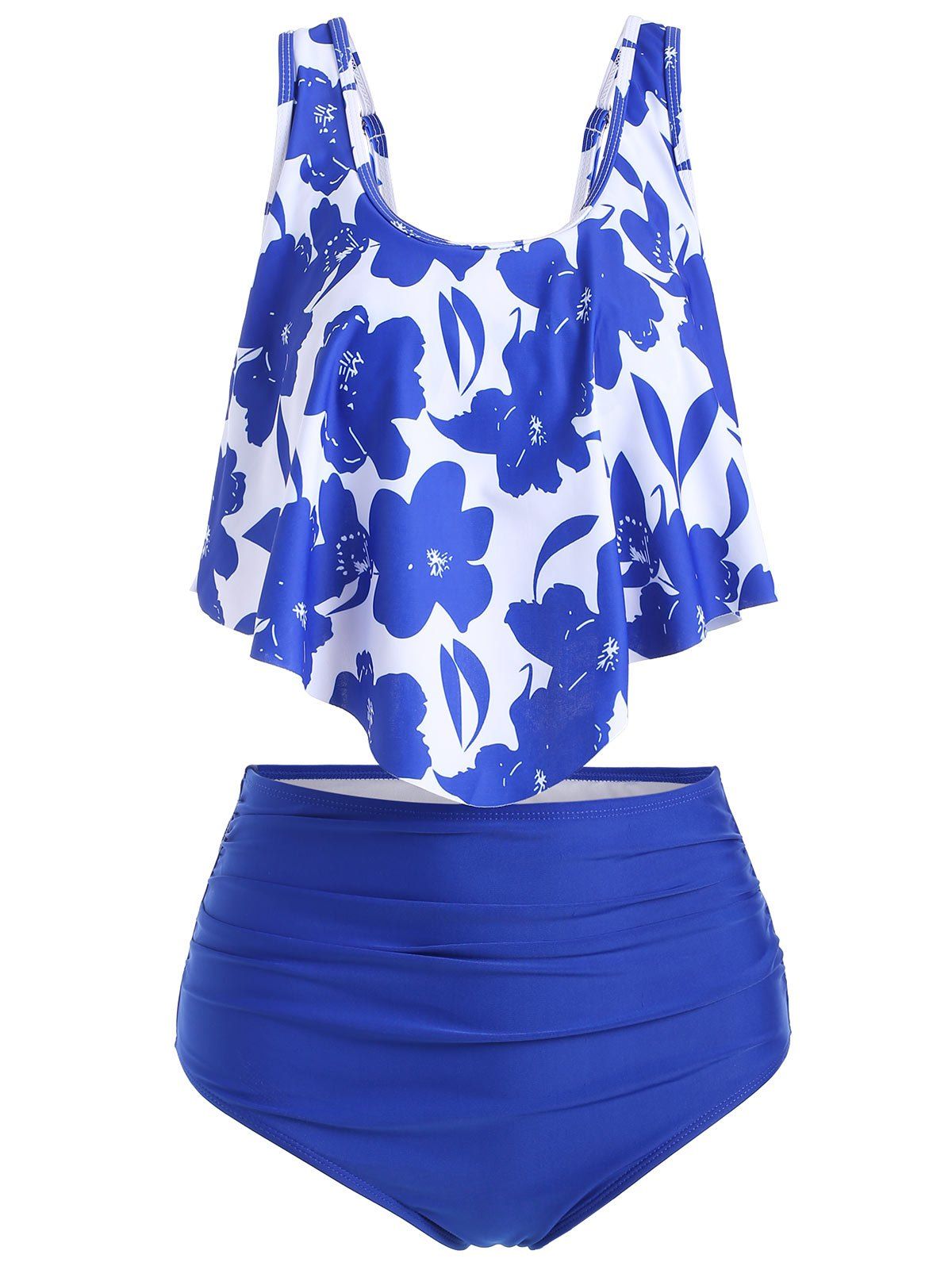 

Floral Flounce Ruched Tankini Swimsuit, Cobalt blue