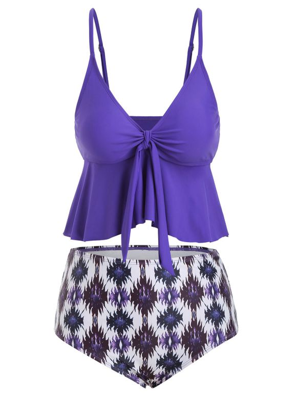 Maillot de Bain Bikini Noué Imprimé Taille Haute de Grande Taille à Volants - Violet Améthyste 4X