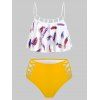 Tummy Control Tankini Swimsuit Cut Out Feather Print Flounce Lattice Beach Swimwear - multicolor L