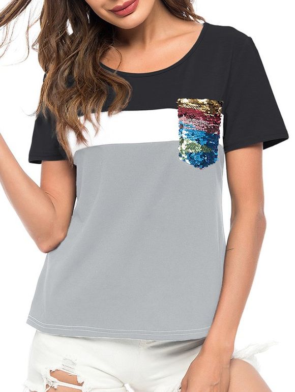 T-shirt en Blocs de Couleurs à Paillettes avec Poche - Noir 2XL