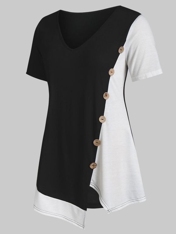 T-shirt Asymétrique Contrasté avec Bouton de Grande Taille - Noir L