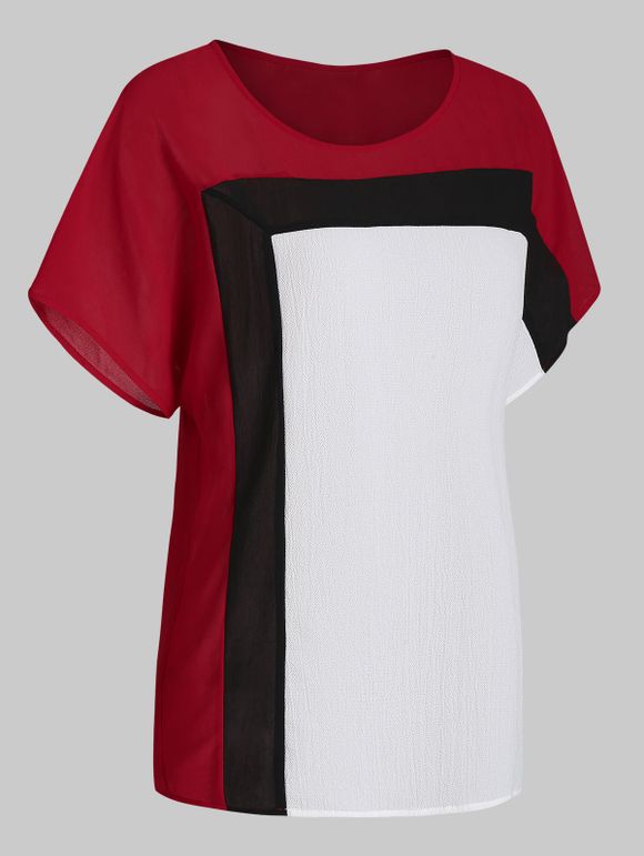 T-shirt Tunique Contrasté en Blocs de Couleurs à Manches Raglan - Blanc 2XL