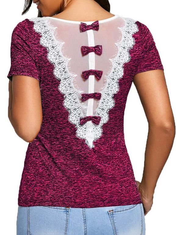 T-shirt Teinté Panneau en Dentelle avec Nœud Papillon - Rose Brûlé S