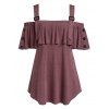 T-shirt à Epaule Dénudée avec Bouton de Grande Taille - Rouge Vineux 4X